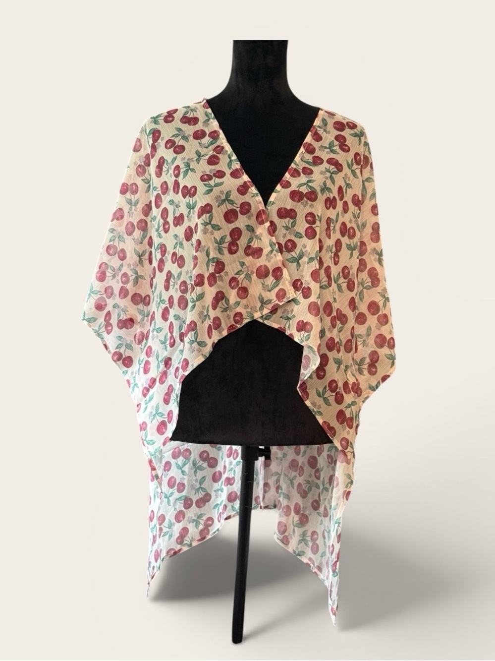 Cherry Print Lightweight Kimono Cover-Up - Pink/Green on Cream